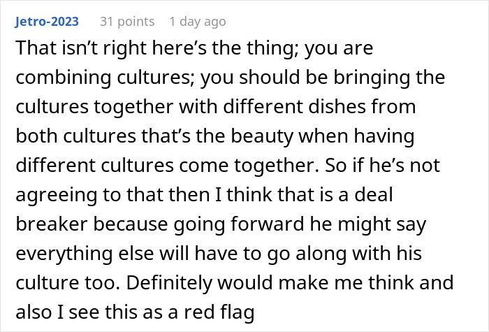Comment about combining cultures and cooking, discussing potential issues in a relationship.