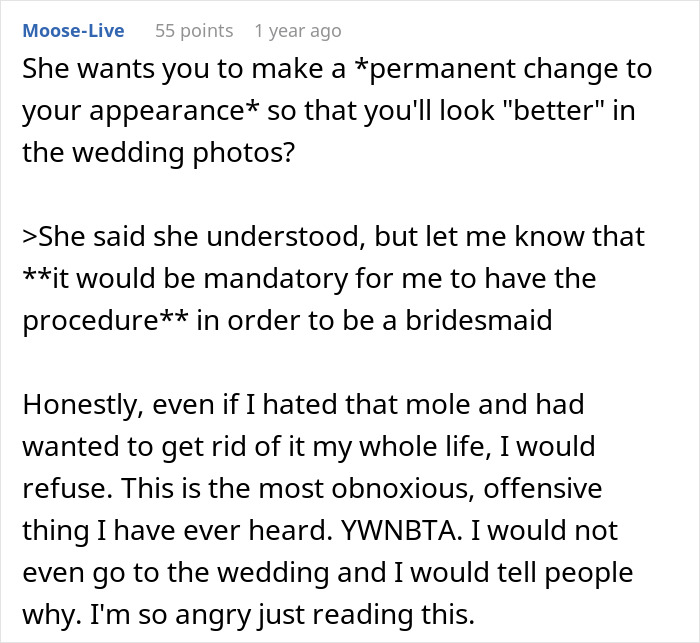Text argument discussing bridesmaid potentially needing face surgery to be in a wedding. Text argument discussing bridesmaid potentially needing face surgery to be in a wedding.