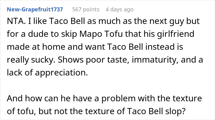 Image of a Reddit comment discussing a boyfriend's confrontation over choosing fast food over homemade cooking.