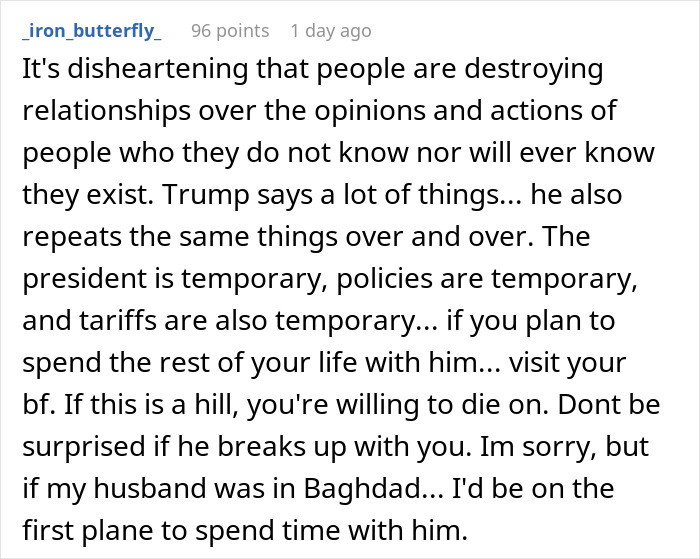 Text comment discussing U.S. tariffs, relationships, and temporary policies in response to a woman's refusal to visit America.