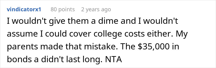 Comment by user refusing to cover college costs, referencing parents’ $35,000 bonds mistake. Comment by user refusing to cover college costs, referencing parents’ $35,000 bonds mistake.
