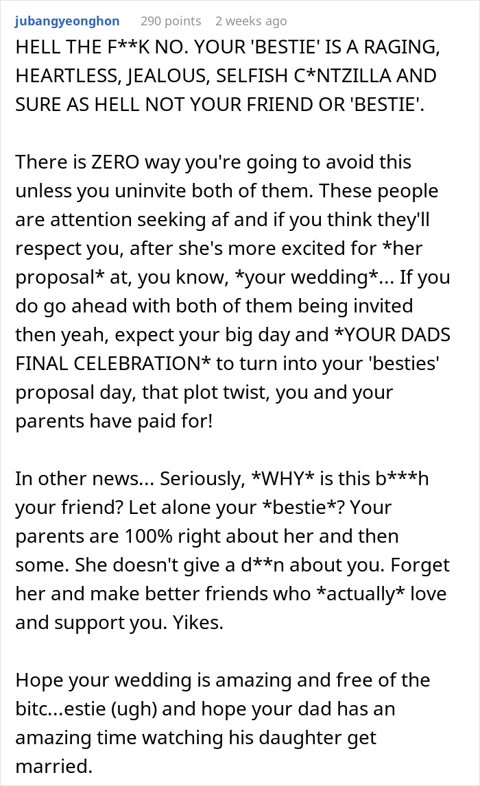 Text reaction criticizing a best friend's plan to get engaged at a wedding, calling her selfish and attention-seeking.