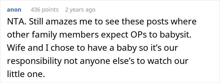 Reddit comment discussing family expectations on babysitting responsibilities. Reddit comment discussing family expectations on babysitting responsibilities.