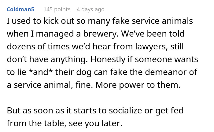 Text from a server about dealing with fake service dogs at a brewery.