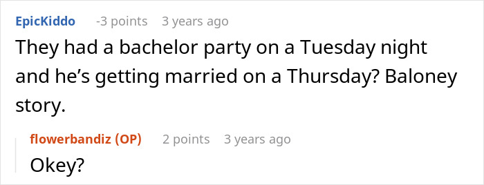 Reddit comments discussing a bachelor party and wedding schedule, questioning the story's believability.