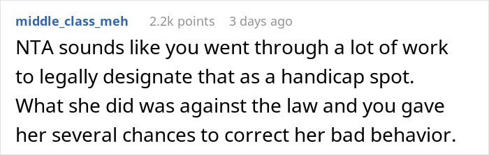 Comment discussing the legality of parking in a disabled neighbor's dedicated spot.