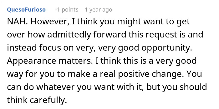 Comment discussing appearance related to bridesmaid's face surgery request. Comment discussing appearance related to bridesmaid's face surgery request.
