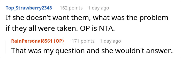 Reddit comments discussing late wife's photos being taken; user debates over intentions.