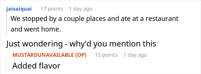 Reddit comments about dining, user asks why details were mentioned; OP humorously replies "Added flavor.