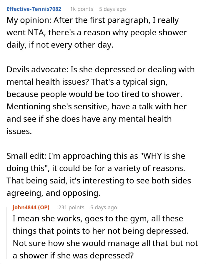 Text discussing a woman not accepting her body odor after not showering for days, with comments on possible depression signs. Text discussing a woman not accepting her body odor after not showering for days, with comments on possible depression signs.