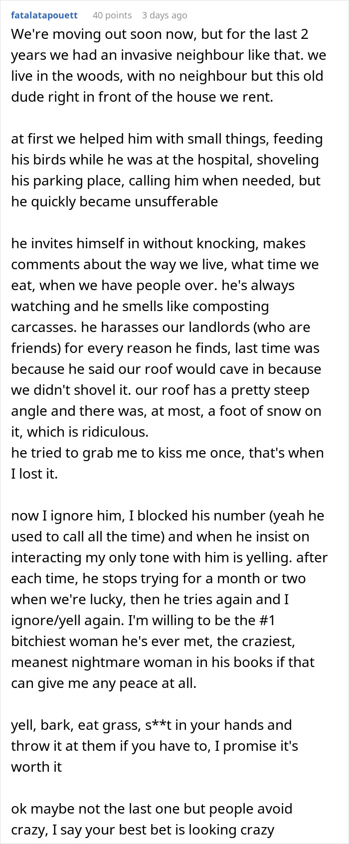 Text exchange discussing a neighbor who is considered a catch by his mom but becomes unbearable when interacting.