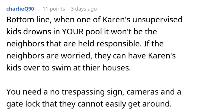 Comment on neighbor kids using someone's pool without permission, mentioning safety and responsibility concerns.