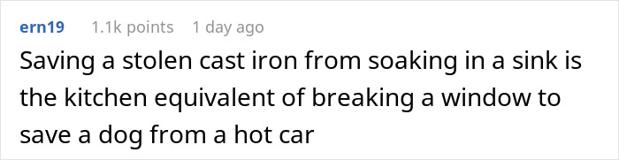 Reddit comment comparing saving a stolen cast iron skillet to rescuing a dog from a hot car.