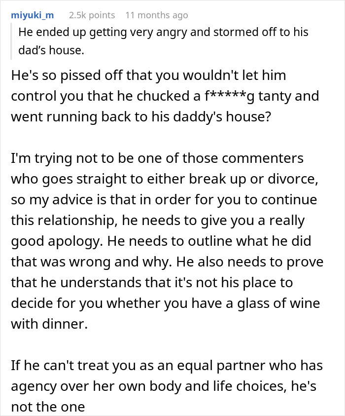 Text comment about boyfriend's refusal to get wine, mentions family genes concern and relationship advice.