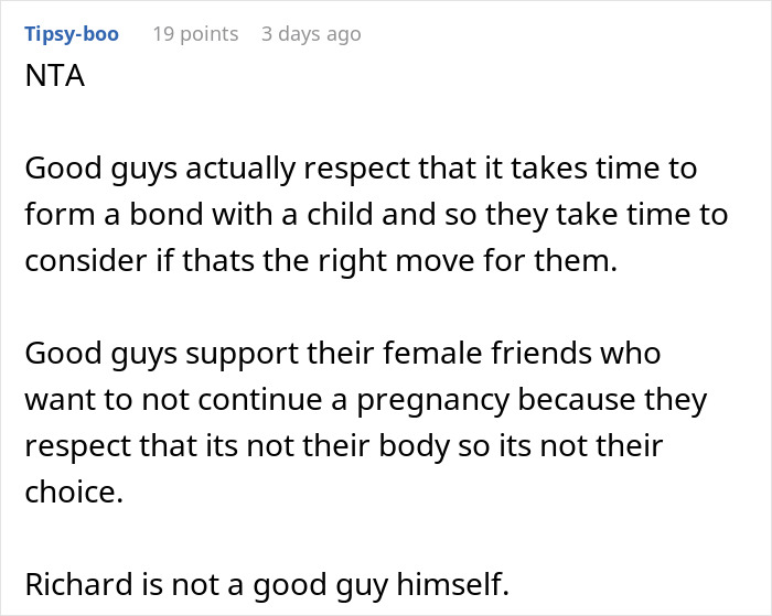 Reddit comment discussing respect for choices about dating while pregnant, reflecting on good character traits.
