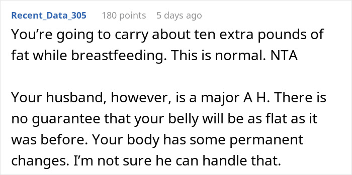 Comment highlights husband's unrealistic expectations about wife's postpartum body changes. Comment highlights husband's unrealistic expectations about wife's postpartum body changes.