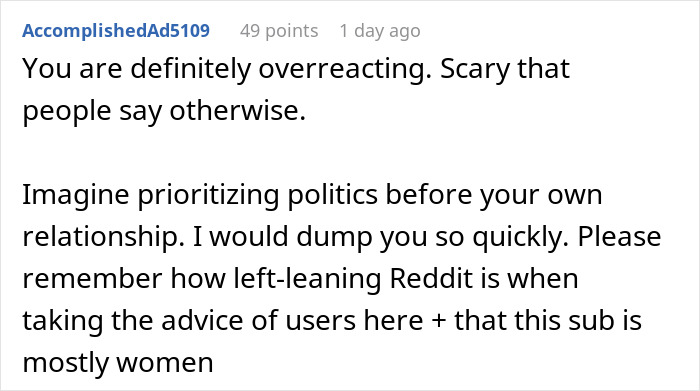 Comment discussing politics affecting relationship with boyfriend's American family visit.