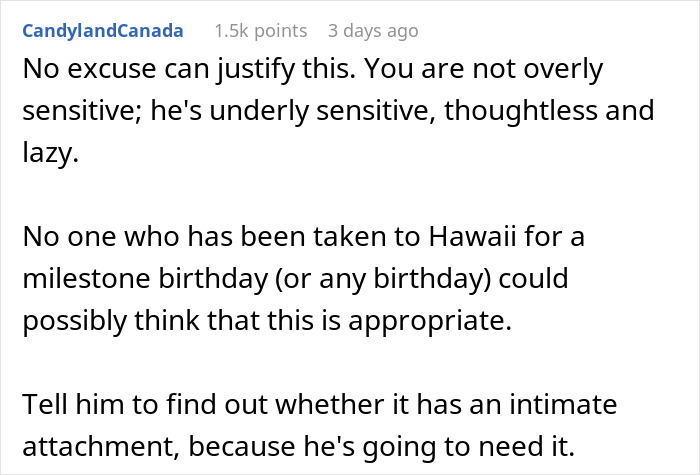 Text from Reddit comment criticizing a husband gift vacuum to his wife.