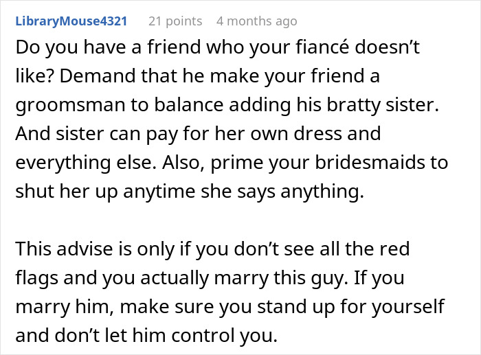 Text advice on a woman questioning her wedding after fianc&eacute; sides with sister who bullies her.