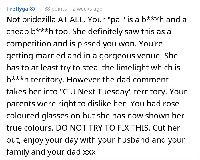 Text discussing a friend's inappropriate engagement plans at a wedding and the bride's reaction.