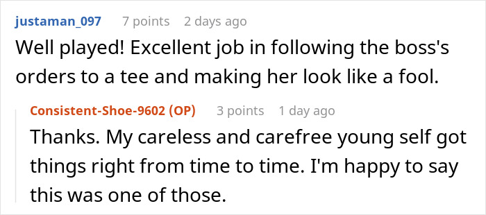 Reddit comments about malicious compliance with egoistic boss, showing zero regrets.
