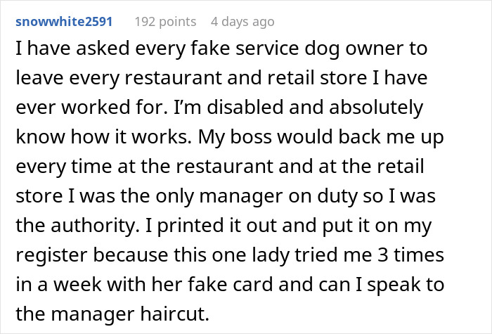 Reddit post by snowwhite2591 discussing experiences with fake service dog owners in restaurants and retail stores.
