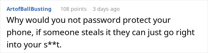 Reddit comment questioning phone security, highlighting risks of not password protecting personal data and camera roll.