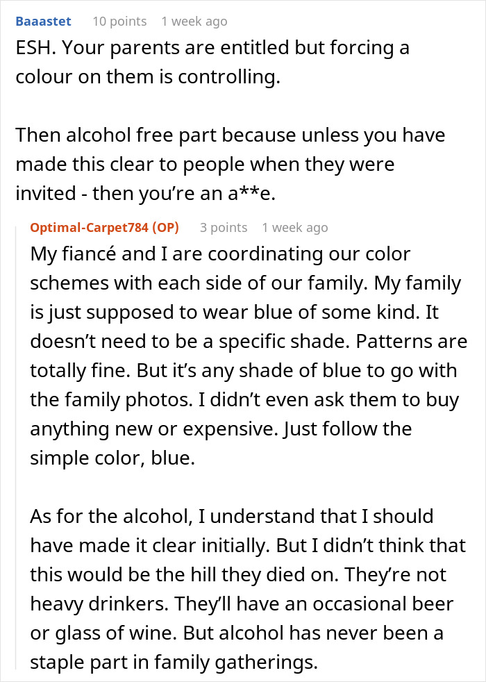 Text exchange discussing color themes and a dry wedding disagreement. Text exchange discussing color themes and a dry wedding disagreement.