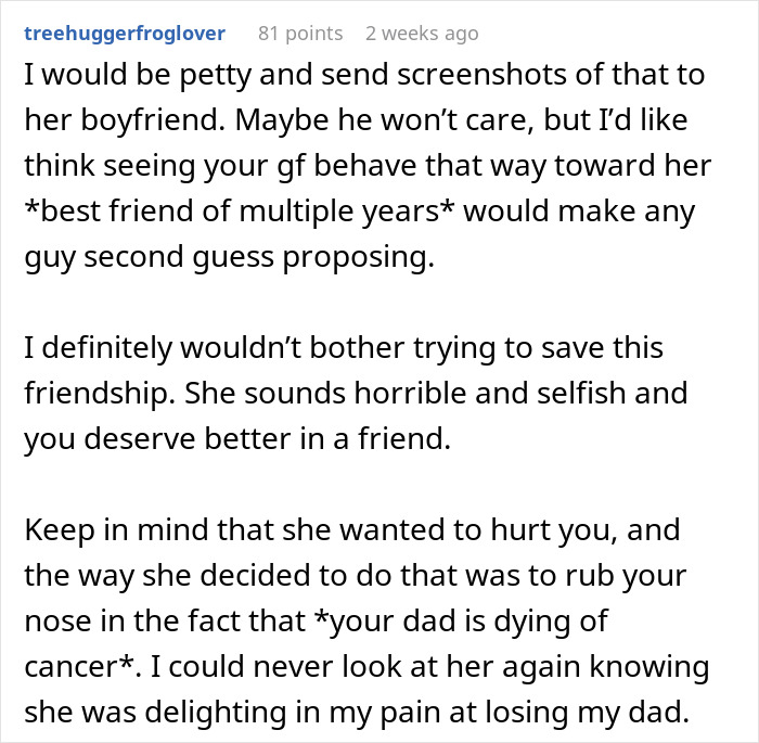 Text post discussing a best friend's inappropriate behavior towards a bride at her wedding, with advice on friendship.