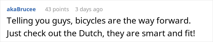 Comment by akaBrucee about using bicycles, mentioning the Dutch as smart and fit for cycling.