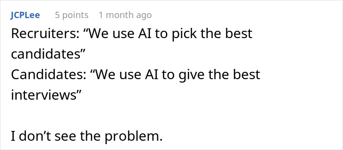 Recruiter and candidate exchange on AI use in interviews with humorous tone. Recruiter and candidate exchange on AI use in interviews with humorous tone.