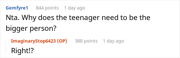 Comment exchange discussing teenager and step-mom conflict dynamics.