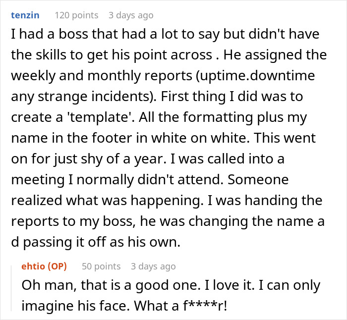 Reddit thread discussing a coworker stealing work, using hidden footer name on reports as proof.