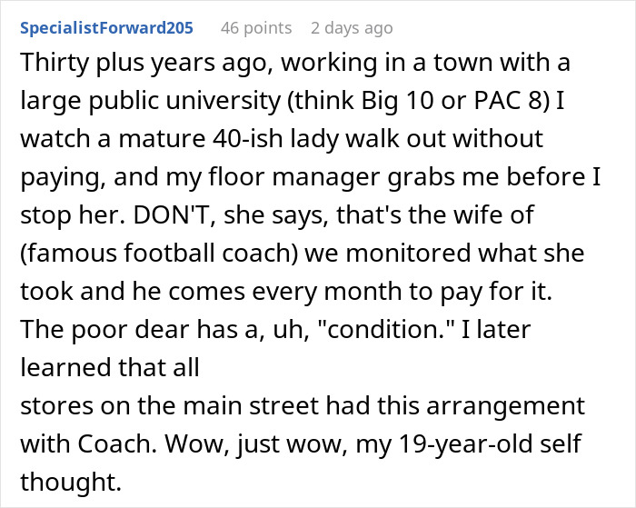 Text describing a woman's experience involving a famous sports coach's wife and unexpected mall access. Text describing a woman's experience involving a famous sports coach's wife and unexpected mall access.