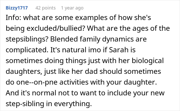 Comment discussing blended family dynamics and feeling excluded at dad's house. Comment discussing blended family dynamics and feeling excluded at dad's house.