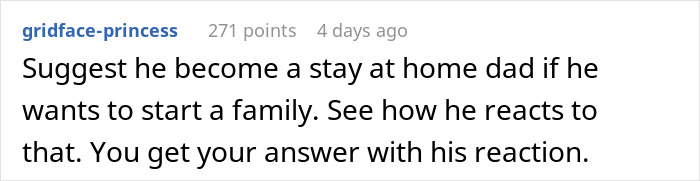 Comment suggesting a husband become a stay-at-home dad instead of a wife giving up her promotion.