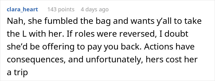 Text conversation about a woman's frustration over reimbursement for a trip, highlighting consequences faced. Text conversation about a woman's frustration over reimbursement for a trip, highlighting consequences faced.