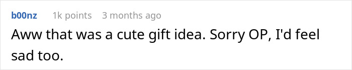 Comment showing empathy for a woman whose special gift for her parents was returned. Comment showing empathy for a woman whose special gift for her parents was returned.