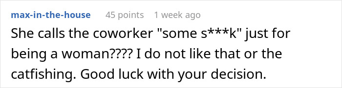 Reddit user comments on testing boyfriend's loyalty, addressing catfishing concerns and derogatory terms about a coworker.