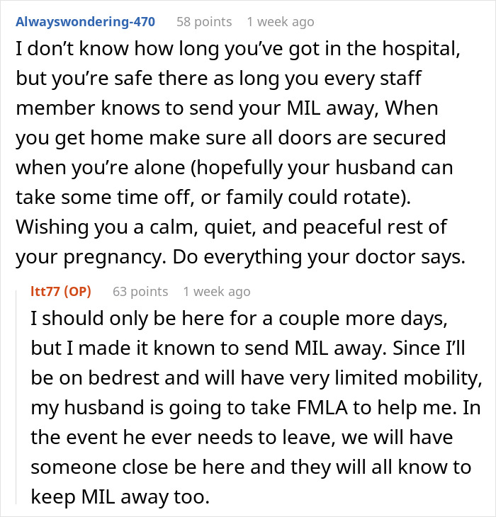 Hospital text exchange about pregnant woman resting after fall, discussing sending MIL away for peace.