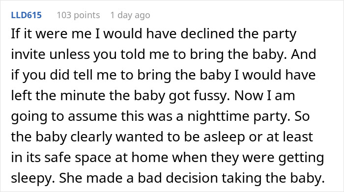 Text comment about a party decision related to a baby crying at a friend's birthday.