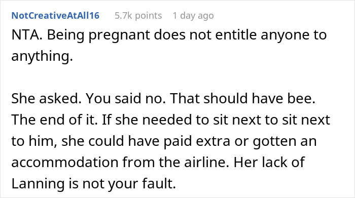 Text screenshot discussing refusal to give up a plane seat to a pregnant woman. Text screenshot discussing refusal to give up a plane seat to a pregnant woman.