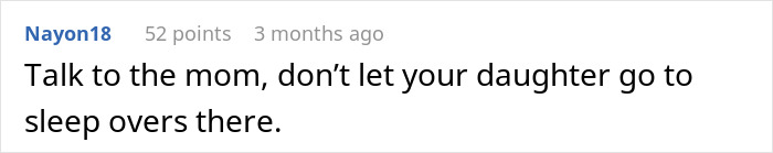 Text comment advising against letting daughter attend sleepovers after finding a camera in friend's room. Text comment advising against letting daughter attend sleepovers after finding a camera in friend's room.