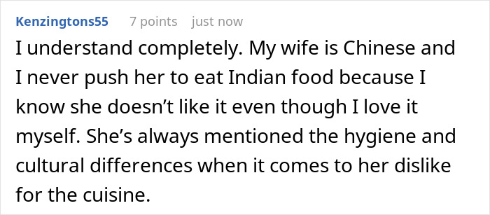 Comment discussing cultural differences affecting Chinese DIL handling Indian cuisine preferences. Comment discussing cultural differences affecting Chinese DIL handling Indian cuisine preferences.