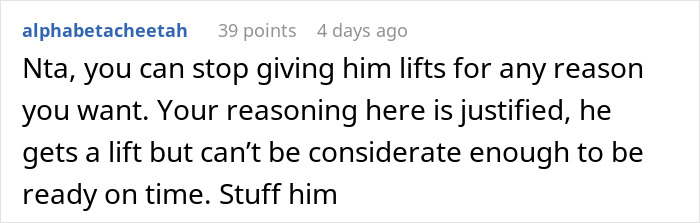 Text from a Reddit comment discussing ending free rides due to lateness.