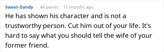 Reddit comment advising friend on handling affair revelation and untrustworthy person.