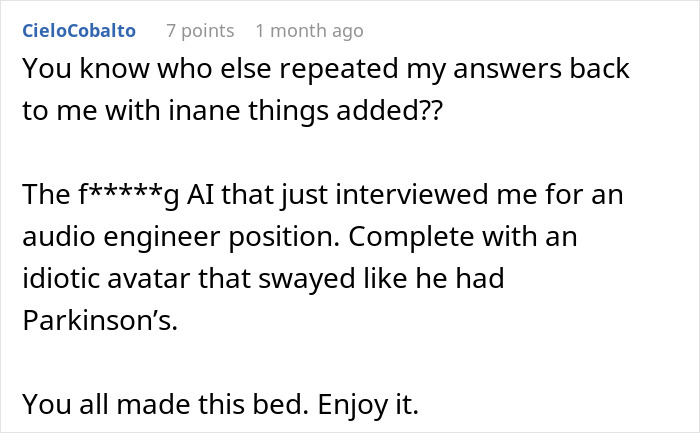Text ranting about an AI conducting job interviews, expressing frustration and disbelief. Text ranting about an AI conducting job interviews, expressing frustration and disbelief.