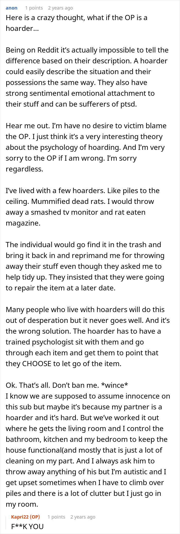 Reddit discussion about hoarding; users debate emotional attachment to items and sentimentality's impact. Reddit discussion about hoarding; users debate emotional attachment to items and sentimentality's impact.