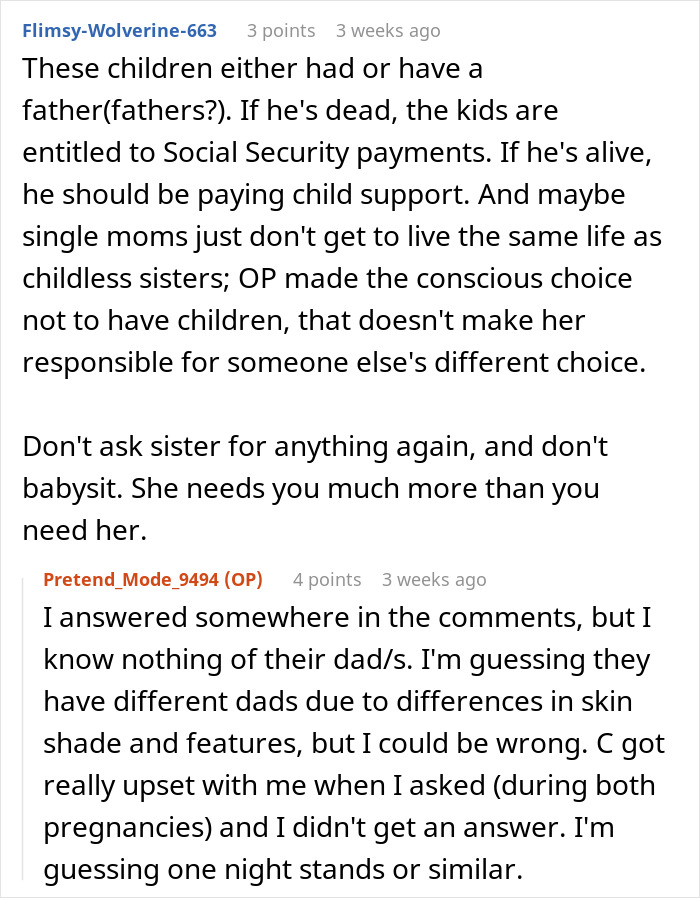 Reddit discussion about a woman setting boundaries as an unpaid babysitter for her sister.