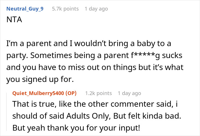 Reddit comments about friend birthday and bringing a baby, discussing adult-only parties and parenting challenges.